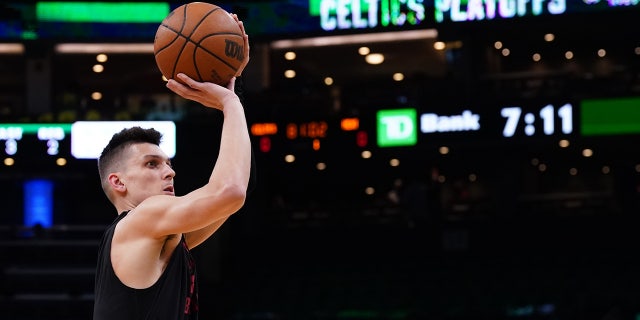 May 21, 2022; Boston, Massachusetts, USA; Miami Heat guard Tyler Herro (14) warms up before game three of the 2022 eastern conference finals against the Boston Celtics at TD Garden.