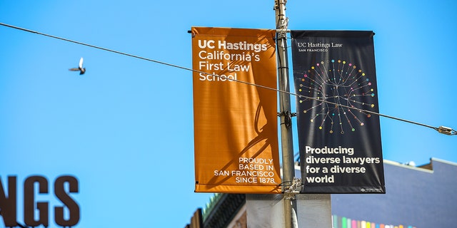UC Hastings College of the Law banners are seen in San Francisco, California, United States on October 27, 2021. 