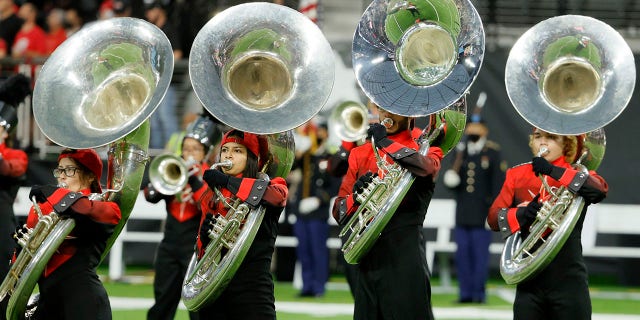 Members of the UNLV Star of Nevada Marching Band perform before the UNLV Rebels' game against the Eastern Washington Eagles at Allegiant Stadium on September 2, 2021, in Las Vegas, Nevada.