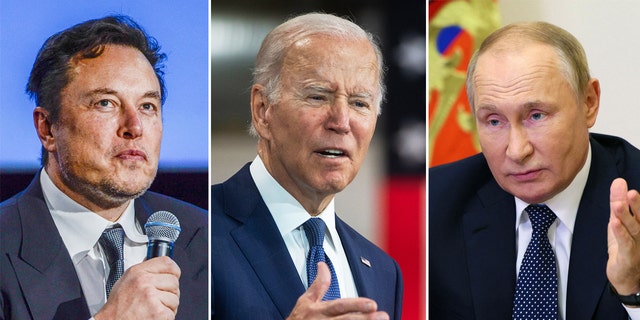 From left to right: Billionaire Elon Musk, U.S. President Joe Biden, and Russian President Vladimir Putin