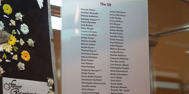 The Clark County Museum's five-year anniversary exhibit features items from the original memorial, from victims' families and from survivors. This shows a list of the 58 people who died that night, and two others who later died from injuries (notated by the double asterisk).