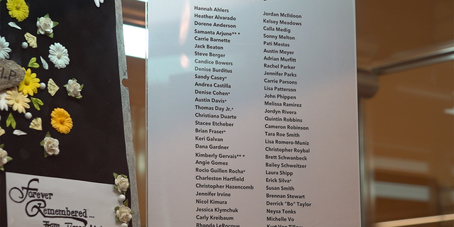 The Clark County Museum's five-year anniversary exhibit features items from the original memorial, from victims' families and from survivors. This shows a list of the 58 people who died that night, and two others who later died from injuries (notated by the double asterisk).