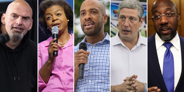 From left: Pennsylvania Democratic Senate candidate John Fetterman, North Carolina Democratic Senate candidate Cheri Beasley, Ohio Democratic Senate candidate Tim Ryan, Wisconsin Democratic Senate candidate Mandela Barnes and Georgia Sen. Raphael Warnock