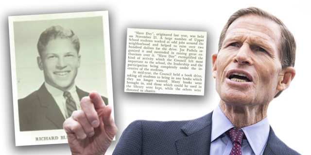 Sen. Richard Blumenthal shown with scans of the 1963 Riverdale Country School yearbook that revealed the was student council president at the time a "Slave Day" event was held.