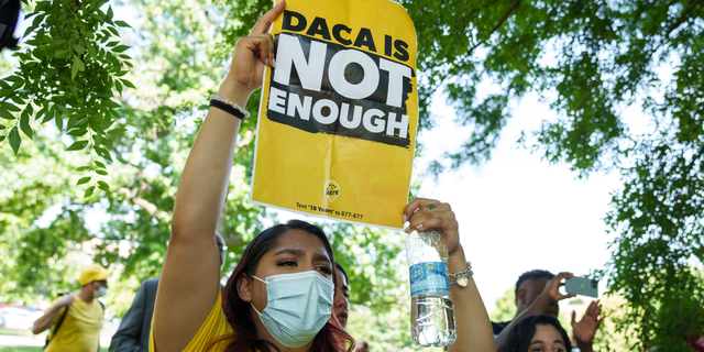 Immigration advocates rally to urge Congress to pass permanent protections for DACA recipients and create a pathway to citizenship, near the U.S. Capitol June 15, 2022 in Washington, DC. 