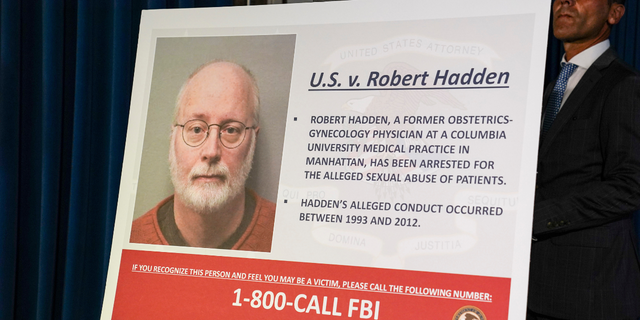 A board bearing an image of Robert Hadden is displayed before a news conference on Sept. 9, 2020, in New York. 