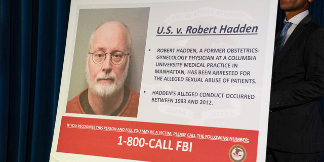 A board bearing an image of Robert Hadden is displayed before a news conference on Sept. 9, 2020, in New York. 