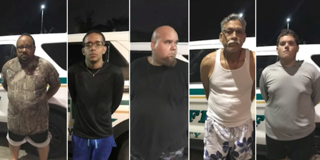 Five men are being charged with two counts of burglary during a state of emergency and two counts of grand theft of a fire extinguisher.