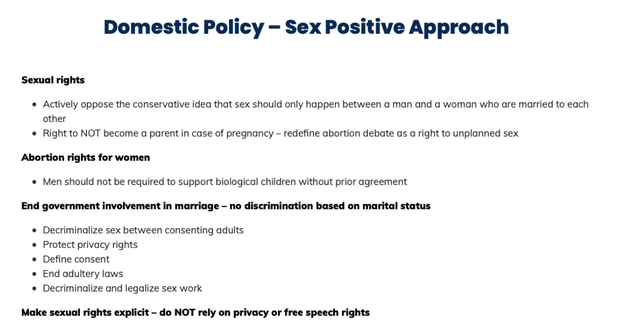 His campaign website states that, if elected, he would take a "sex positive approach," which includes legalizing sex work.