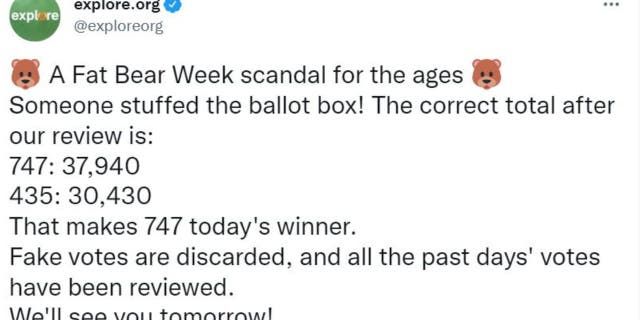 Photo of explore.org's Twitter announcing a cheating scandal in Fat Bear Week 2022