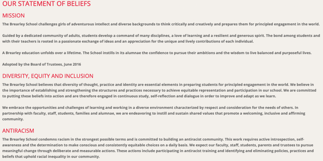 Brearley's website states that it "expects" parents, students, staff, faculty and trustees to "pursue meaningful change through deliberate and measurable actions," which include "participating in anti-racist training and identifying and eliminating policies, practices and beliefs that uphold racial inequality in our community."