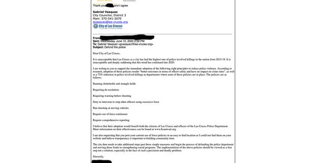 This photo shows email correspondence between Democratic New Mexico congressional candidate Gabriel Vasquez and a constituent from the city of Las Cruces in 2020. In the email Vasquez simply said, "I agree," in response to an email calling for "defunding the police department and moving those funds to strengthening social programs," as well as a number of changes to police procedures.