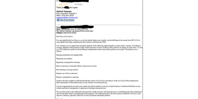 This photo shows email correspondence between Democratic New Mexico congressional candidate Gabriel Vasquez and a constituent from the city of Las Cruces in 2020. In the email Vasquez simply said, "I agree," in response to an email calling for "defunding the police department and moving those funds to strengthening social programs," as well as a number of changes to police procedures.