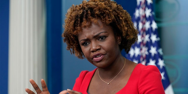 White House Press Secretary Karen-Jean-Pierre speaks during the daily press conference at the White House in Washington.