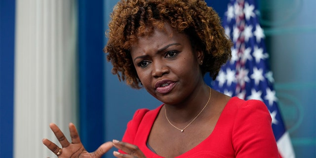 White House press secretary Karine Jean-Pierre speaks during the daily briefing at the White House in Washington.