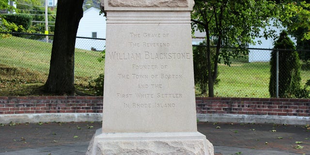 A monument to William Blackstone in Cumberland, Rhode Island. He was the first European settler of both Boston, Massachusetts, and the state of Rhode Island. He died in Cumberland in 1675. 