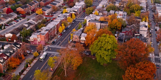 Aerial shot of Wilmington, Delaware, at sunrise on an autumn morning.