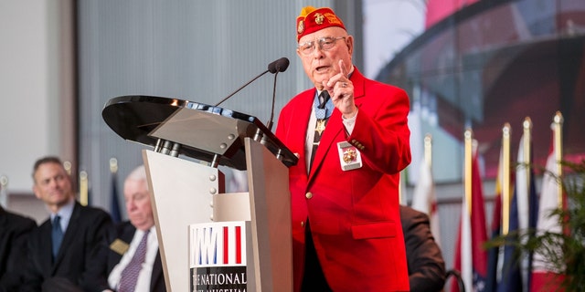 Woody Williams speaks at the WWII Pacific Theatre Exhibit Opening at the National World War II Museum on Dec. 11, 2015, in New Orleans, Louisiana.