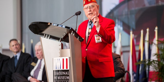 Woody Williams speaks at the WWII Pacific Theatre Exhibit Opening at the National World War II Museum on Dec. 11, 2015, in New Orleans, Louisiana.