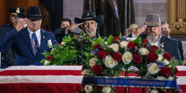 Citizens pay respects to Woody Williams as he lies in honor at the U.S. Capitol in Washington, D.C., on July 14, 2022.