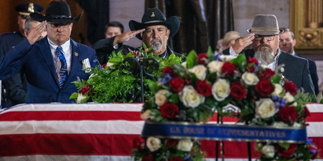 Citizens pay respects to Woody Williams as he lies in honor at the U.S. Capitol in Washington, D.C., on July 14, 2022.