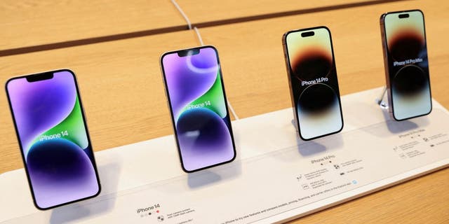 The iPhone 14, iPhone 14 Pro and iPhone 14 Pro Max are on display at the Apple Fifth Avenue store in New York City on September 16, 2022. 