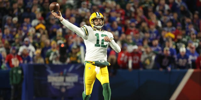 Aaron Rodgers #12 of the Green Bay Packers throws a pass during the fourth quarter against the Buffalo Bills at Highmark Stadium on October 30, 2022, in Orchard Park, New York.