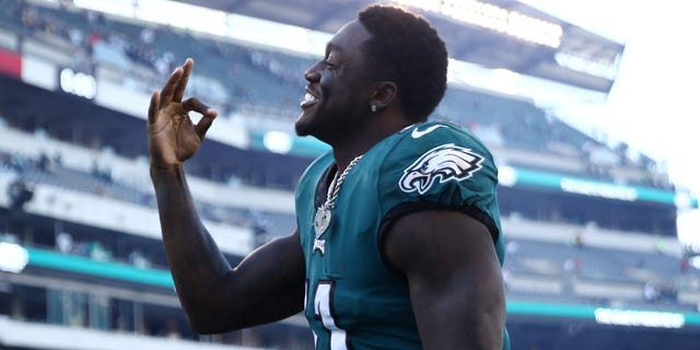 A.J. Brown of the Philadelphia Eagles celebrates against the Pittsburgh Steelers at Lincoln Financial Field on Oct. 30, 2022, in Philadelphia, Pennsylvania.