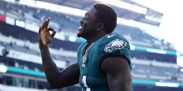 A.J. Brown of the Philadelphia Eagles celebrates against the Pittsburgh Steelers at Lincoln Financial Field on Oct. 30, 2022, in Philadelphia, Pennsylvania.