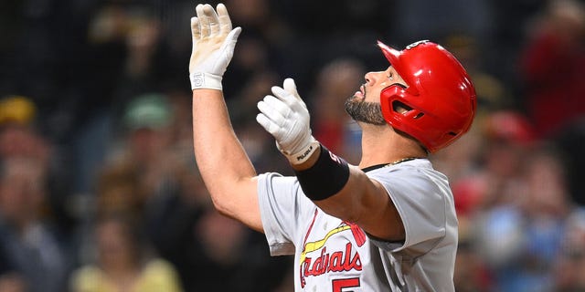 Albert Pujols #5 of the St. Louis Cardinals celebrates his two-run home run during the sixth inning against the Pittsburgh Pirates at PNC Park on October 3, 2022 in Pittsburgh, Pennsylvania.