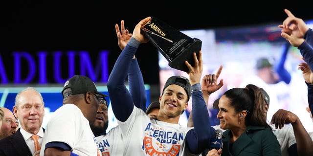 Jeremy Pena of the Houston Astros is announced as the American League Championship Series MVP after defeating the New York Yankees in four games at Yankee Stadium in New York City on October 23, 2022. 
