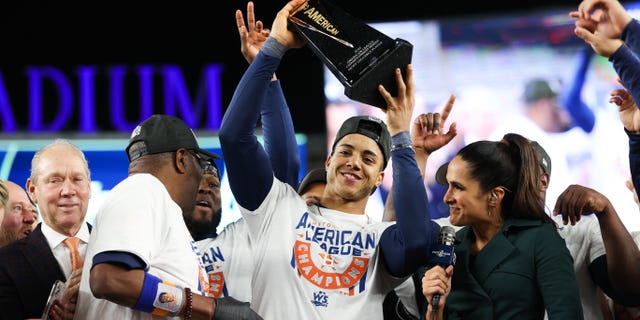 Jeremy Pena of the Houston Astros is announced as the American League Championship Series MVP after defeating the New York Yankees in four games at Yankee Stadium in New York City on October 23, 2022.