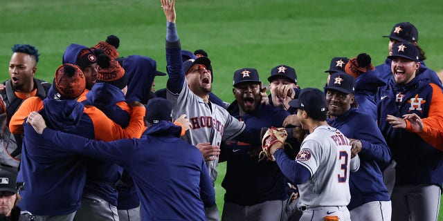 Astros Sweep Yankees, Will Face Phillies in World Series 1 Yuli Gurriel #10 and Jeremy Pena #3 of the Houston Astros celebrate with teammates after defeating the New York Yankees in game four to win the American League Championship Series at Yankee Stadium on October 23, 2022 in the Bronx borough of New York City.