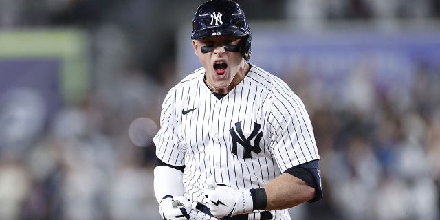 Harrison Bader #22 of the New York Yankees celebrates after hitting a solo home run against Cal Quantrill #47 of the Cleveland Guardians during the third inning in game one of the American League Division Series at Yankee Stadium on October 11, 2022 in New York, New York.