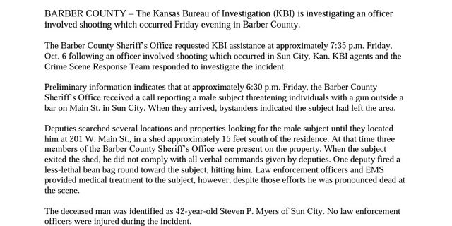 Kansas Bureau of Investigation press release regarding October 2017 shooting death of Steven Myers