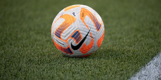 A general view of a Nike soccer ball used during a women's college soccer game between the Ohio State Buckeyes and the Brown Bears on September 8, 2022, at Stevenson-Pincince Field in Providence, RI.