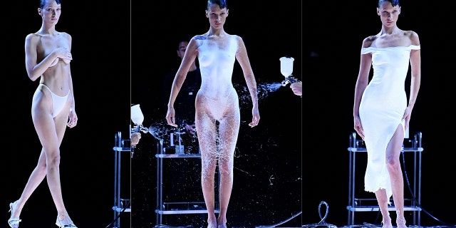 Bella Hadid, 25, strutted down the runway at the Coperni fashion show topless, covering her breasts with her hands, while wearing nude underwear and heels.