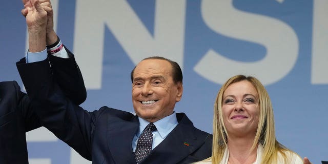 Silvio Berlusconi of Forza Italia and Giorgia Meloni of the Brothers of Italy participate in the closing event of the center-right coalition in Rome on Thursday 22 September 2022.