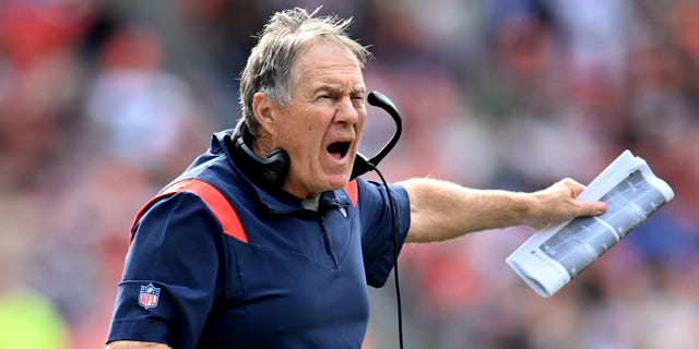 Head coach Bill Belichick of the New England Patriots reacts against the Cleveland Browns during the second half at FirstEnergy Stadium on Oct. 16, 2022, in Cleveland.
