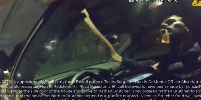 Bristol Police Officer Alec Iurato is seen aiming his gun before firing a single shot toward killer Nicholas Brutcher.