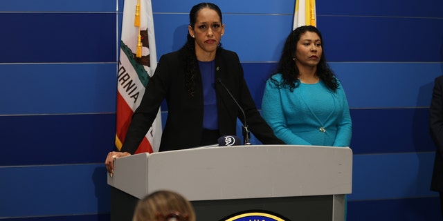 San Francisco District Attorney Brooke Jenkins delivers remarks on the city's strategies to confront open-air drug dealing at Police Headquarters in San Francisco, on Oct. 5, 2022.