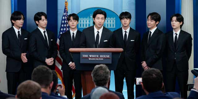 South Korean K-pop supergroup BTS gives a speech on Asian hate crimes at the White House in Washington D.C., on May 31, 2022.
