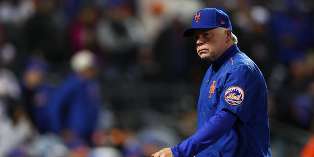Buck Showalter #11 of the New York Mets looks on during the eighth inning against the San Diego Padres in game two of the Wild Card Series at Citi Field on October 08, 2022 in New York City.