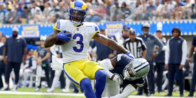 Cam Akers of the Los Angeles Rams breaks a tackle against the Dallas Cowboys at SoFi Stadium on Oct. 9, 2022, in Inglewood, California.