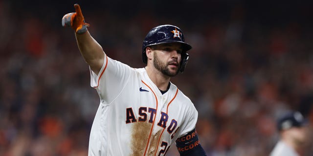 Chas McCormick #20 of the Houston Astros hits a solo home run during the sixth inning against the New York Yankees in game one of the American League Championship Series at Minute Maid Park on October 19, 2022 in Houston, Texas. 