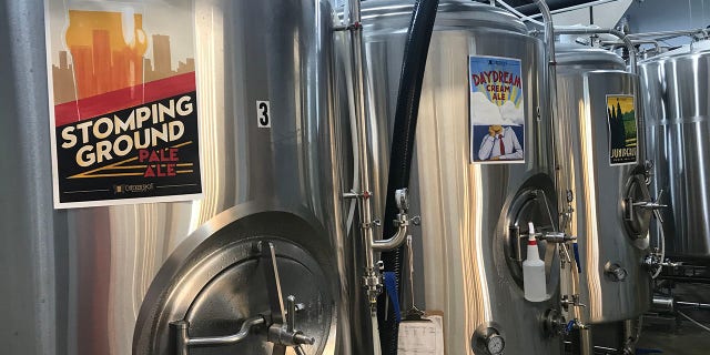 Serving tanks at Checkerspot Brewery in Baltimore, Maryland.