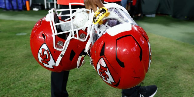 General view of Kansas City Chiefs helmets being taken off the field after the game against the Tampa Bay Buccaneers at Raymond James Stadium on October 02, 2022 in Tampa, Florida.