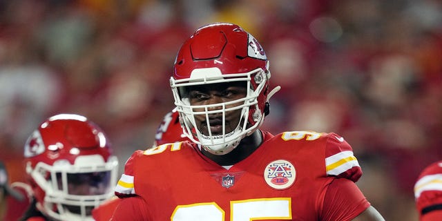 Chris Jones #95 of the Kansas City Chiefs reacts after being called for a roughing the passer penalty on Derek Carr #4 of the Las Vegas Raiders during the 2nd quarter of the game at Arrowhead Stadium on October 10, 2022 in Kansas City, Missouri.