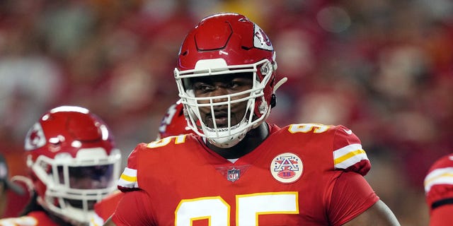 Chris Jones #95 of the Kansas City Chiefs reacts after being called for a roughing the passer penalty on Derek Carr #4 of the Las Vegas Raiders during the 2nd quarter of the game at Arrowhead Stadium on October 10, 2022 in Kansas City, Missouri.