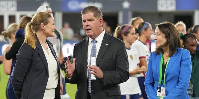 United States Secretary of Labor Marty Walsh talks with US Soccer Federation president Cindy Parlow Cone and United States Senator from Washington Maria Cantwell after a game between Nigeria and USWNT at Audi Field on September 6, 2022 in Washington, DC.
